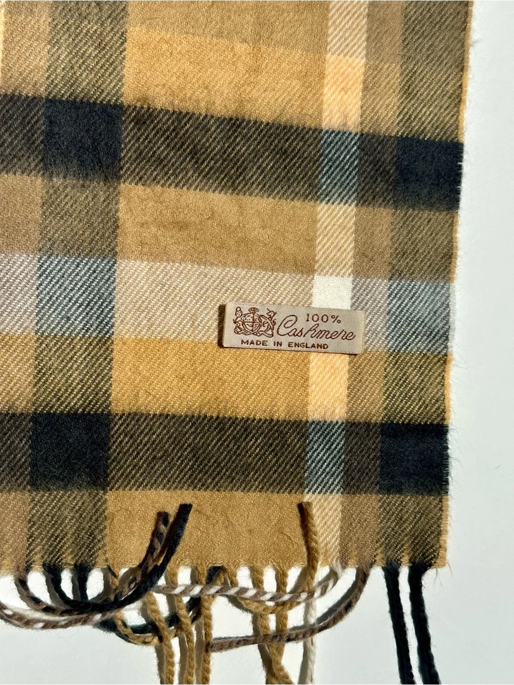 Vintage 100% Cashmere Scarf Made in England – Camel Windowpane Plaid – Unbranded